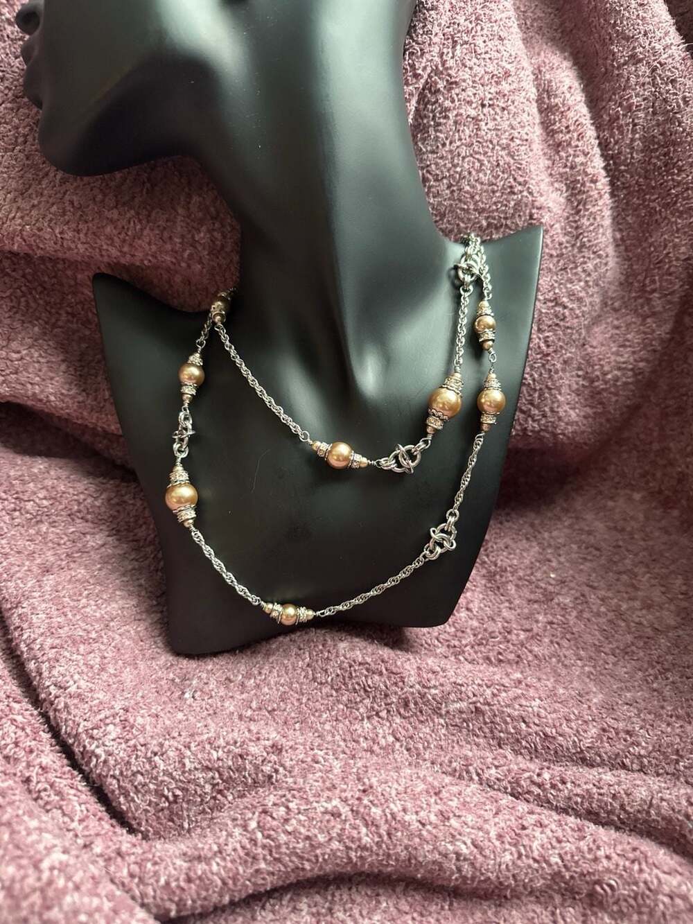 LOFT Double Strand Silver Tone Chain Necklace with Champagne Pearls and Rhinesto